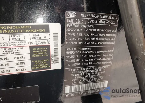 2014 Land Rover Range Rover 5.0L V8 Supercharged z USA, uszkodzony, nr VIN SALGS3TF0EA163607